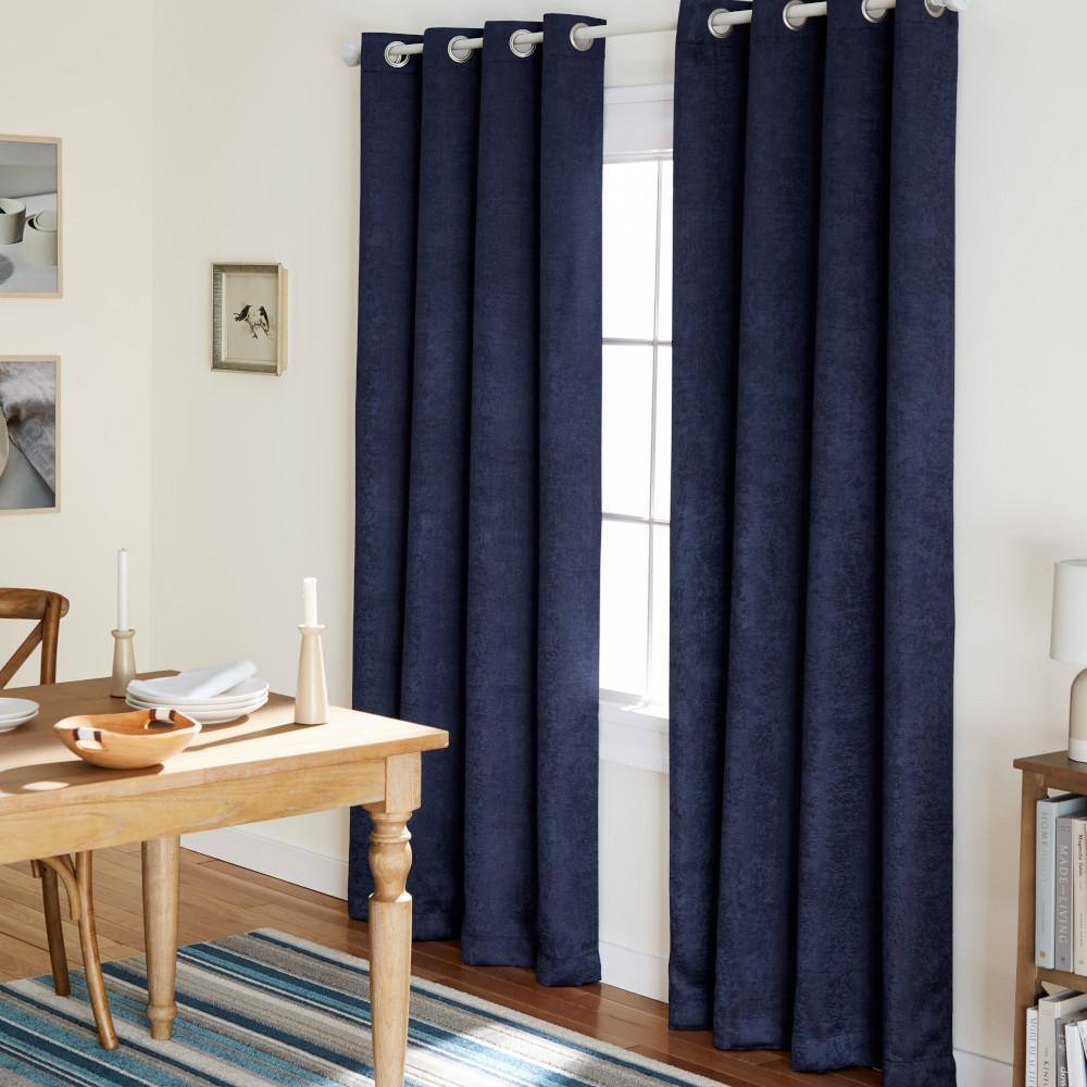 EXCLUSIVE HOME Lustre Navy Solid Woven Room Darkening Grommet Top Curtain, 52 in. W x 96 in. L ...