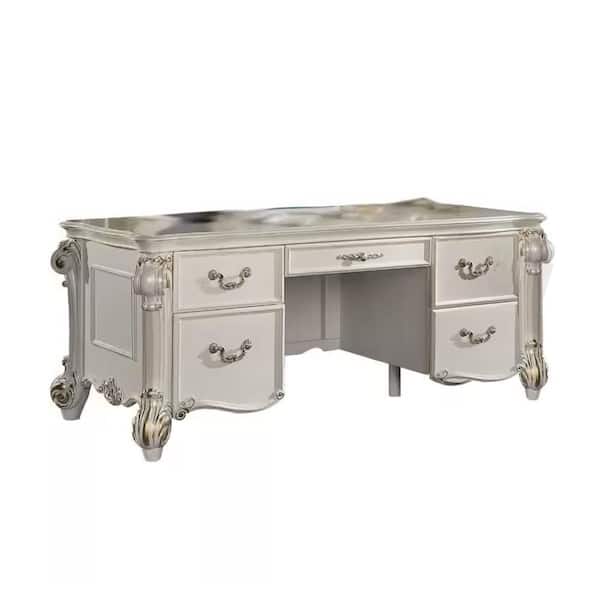 Antoine 37 in. Rectangular Pearl White and Gold Wood 5-Drawer Writing Desk