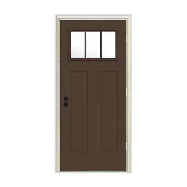 JELD-WEN 30 in. x 80 in. 3 Lite Craftsman Dark Chocolate Painted Steel Prehung Left-Hand Outswing Front Door w/Brickmould