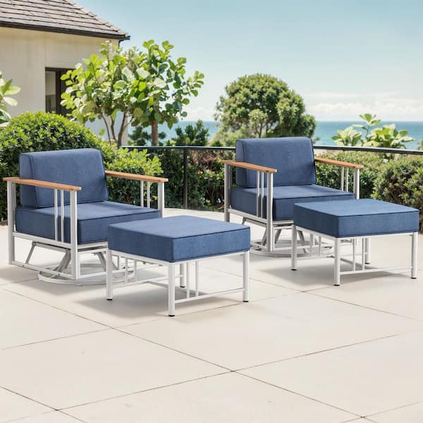 Minimalism 4-Piece White Patio Metal Outdoor Conversation Set with Swivel Rocking Chair and Blue Cushions