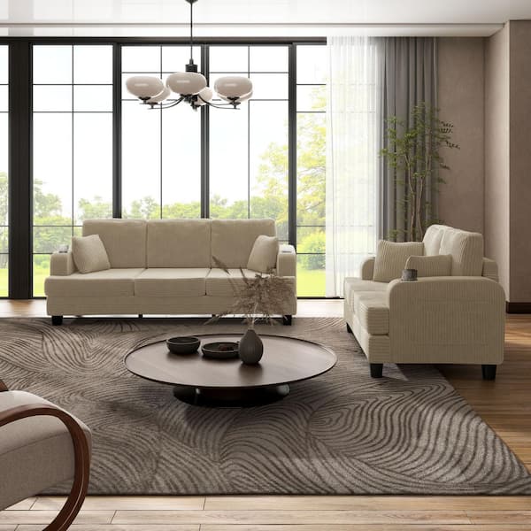 Kasin 2-Piece Beige Chenille Small Space Living Room Set with USB Ports and Cup Holders