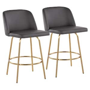 Toriano 26 in. Grey Faux Leather and Gold Metal Fixed-Height Counter Stool (Set of 2)
