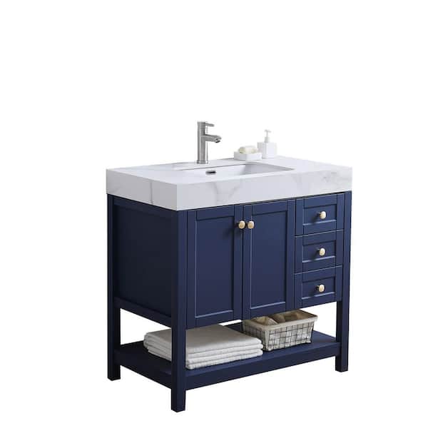 Comllen 36 in. W x 20 in. D x 32 in. H Bathroom Vanity in bule with White with Marble Top and vessel Ceramic Sink