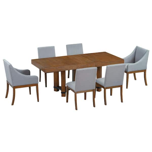 7-Piece Rustic Brown Extendable Wood Top Dining Room Set Seats 6