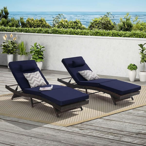Unbranded 2-Piece Wicker Outdoor Chaise Lounge Patio Reclining Chairs Adjustment Lounge Chair with Dark Blue Cushions