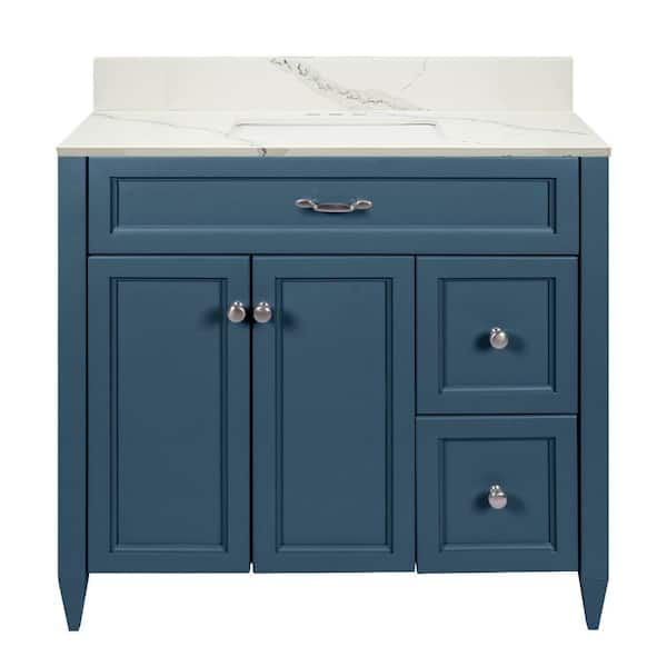 Amluxx Verona 37 in. W x 22 in. D x 36 in. H Bath Vanity in Navy Blue with Quartz Stone Vanity Top in White Calacatta