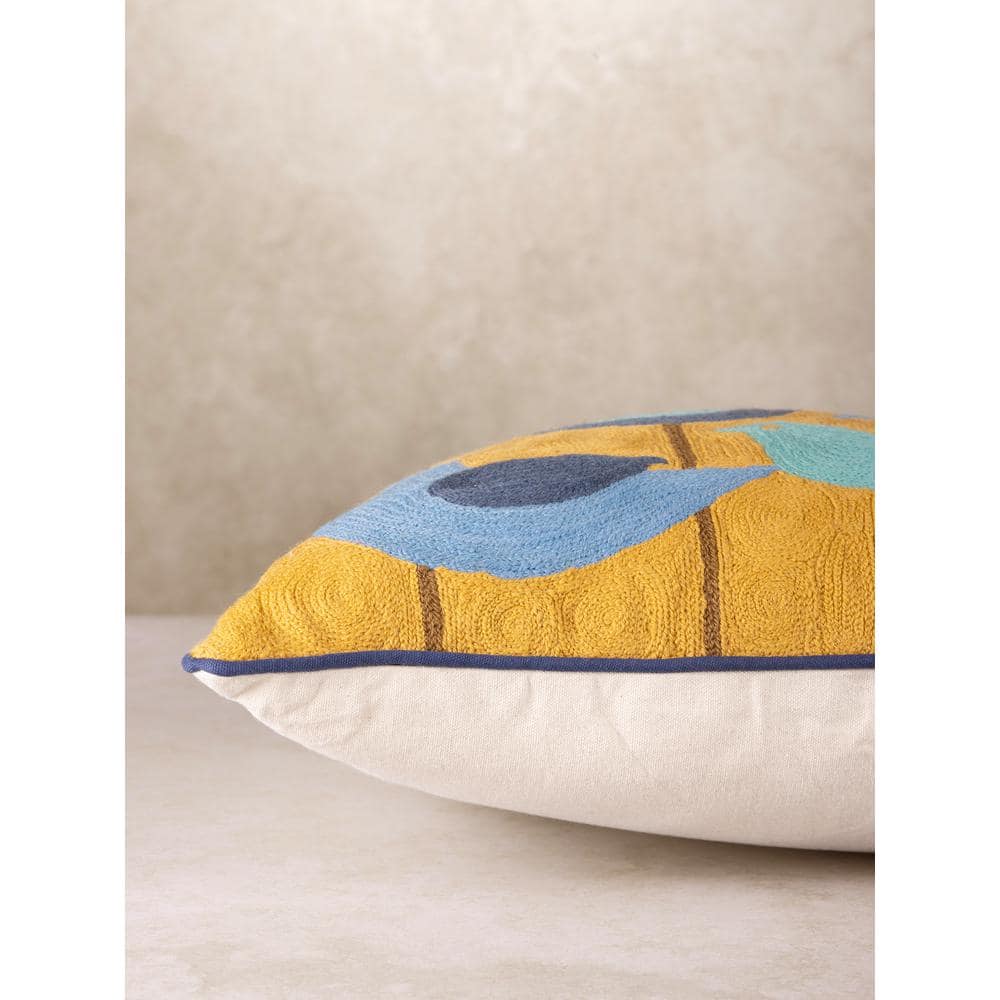 Aloha Mustard and Blue Embroidered Cotton Wool Throw Pillow 20"