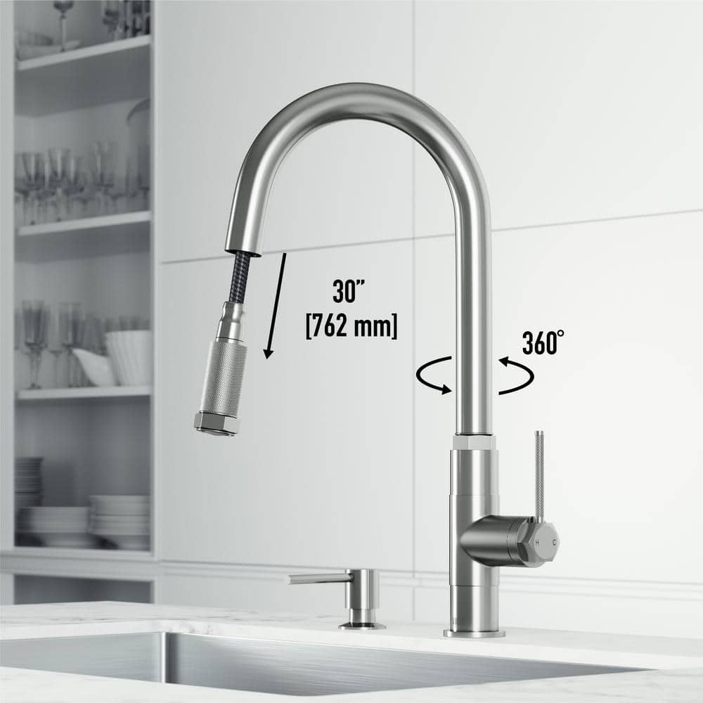 Hart Arched Stainless Steel Pull-Down Kitchen Faucet with Soap Dispenser