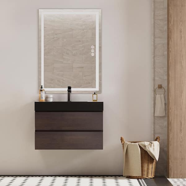 NOBLE 24 in. W x 18 in. D x 25 in. H Single Sink Floating Bath Vanity in Wood with Black Solid Surface Integral Top