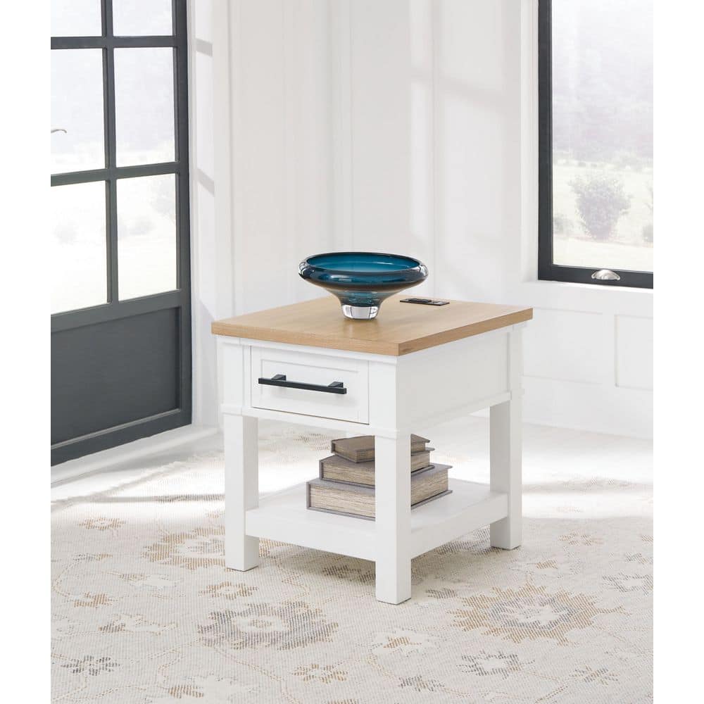 Ashbryn 22 in. White Rectangle Wood End Table with Storage and Drawers and Shelves