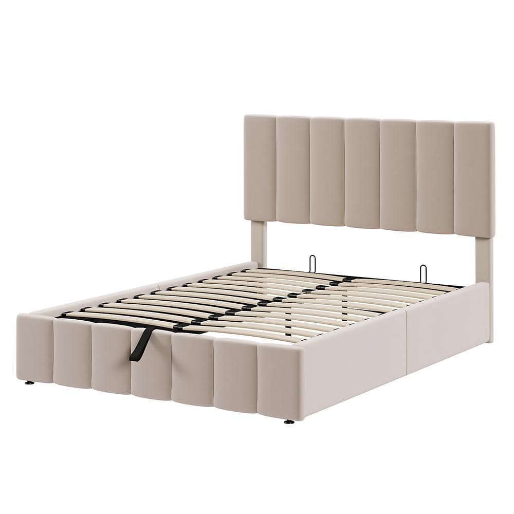 Beige Full Size Upholstered Platform Bed with Hydraulic Storage