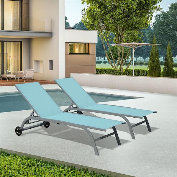 Runesay Outdoor Lounge Chairs with Wheels 5 Adjustable Position for Patio Beach Yard Deck Poolside in Blue (Set of 2)
