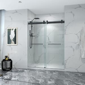 60 in. W x 76 in. H Double Sliding Frameless Shower Door in Matte Black with Soft-closing and 3/8 in. (10 mm) Glass