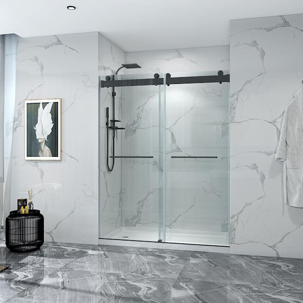 VANITYFUS 60 in. W x 76 in. H Double Sliding Frameless Shower Door in Matte Black with Soft-closing and 3/8 in. (10 mm) Glass