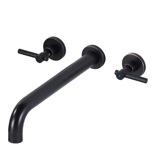 Modern Double Handle Solid Brass Wall Mount Roman Tub Faucet with High Flow Rate Spout in Oil Rubbed Bronze