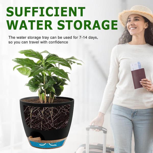 Primehome 3-Piece Self-Watering Plant Pot Set (12,10,9 Inch) with  Saucers-Plastic Planter with Drainage Holes in Black HD-VANK-PSVS-5