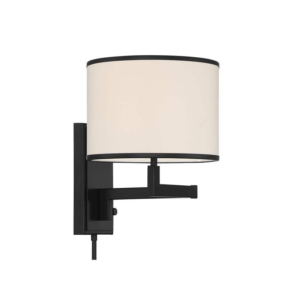 Matte Black Iron Swing Arm Wall Sconce with Silk Shade