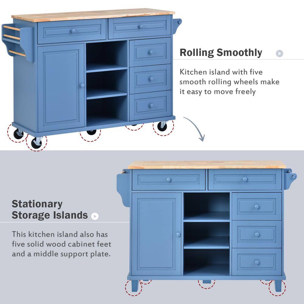 Blue Wood 53" Rolling Kitchen Cart with Spice Rack and Storage