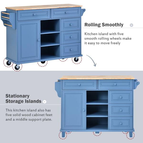 Blue Rubber Wood Countertop 53.1 in. W Kitchen Island on 5-Wheels with 8  Handle-Free Drawers and Flatware Organizer ktkhwy14 - The Home Depot