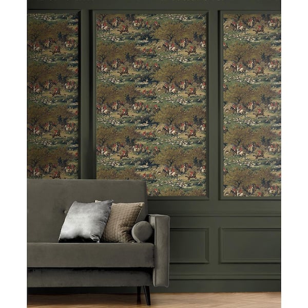 30.75 sq. ft. Olive & Midnight Taunton Hunt Scene Vinyl Peel and Stick Wallpaper Roll
