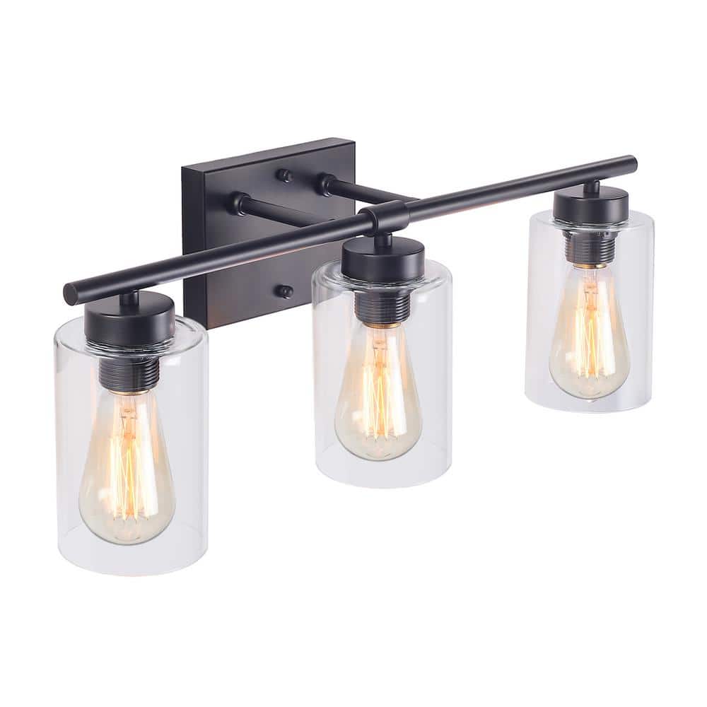 Black Metal 3-Light Vanity with Clear Glass Shades