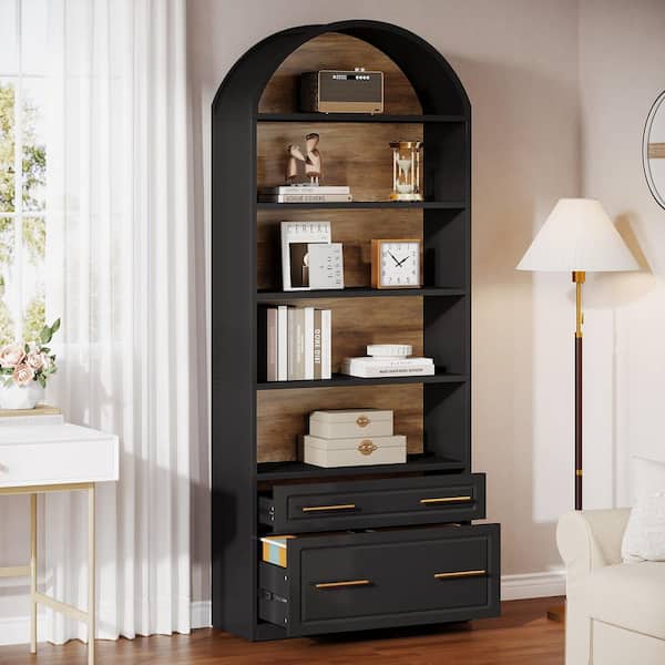 Eulas 77 in.Tall Black Engineered Wood 5-Shelf Standard Bookcase with File Cabinet Drawer,Open Display Storage Bookshelf