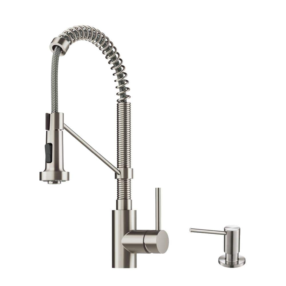 Kraus KHF20033KPF1602KSD30CH 33 Inch Farmhouse Single Bowl Stainless Steel  Sink with Spiral Spring Faucet, Soap Dispenser, 10 Inch Bowl Depth, Rear-Set  Drain and Scratch Resistant Satin Finish Sink