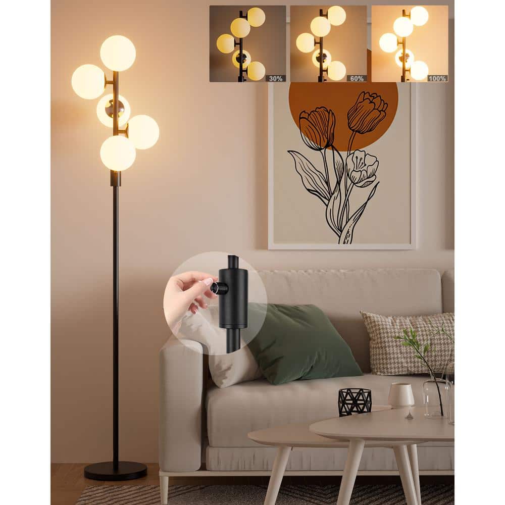 64 in. Black Globe 5-Lights Dimmable Standard Modern Floor Lamp For Living 