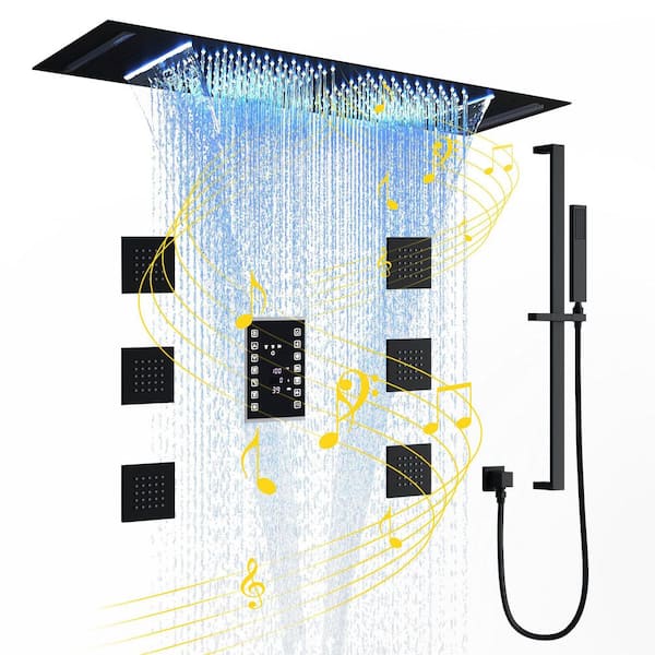 6-Spray Ceiling Mount Handheld Shower Head LED and Music Shower Systems 2.5 GPM in Matte Black