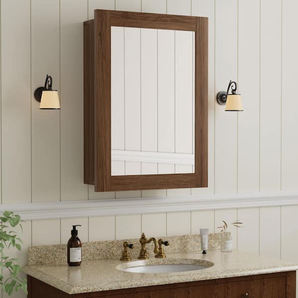 Tara 20 in. W x 28 in. H Rectangular Wood Medicine Cabinet with Mirror, Adjustable Shelves, Walnut, Recessed/Wall Mount
