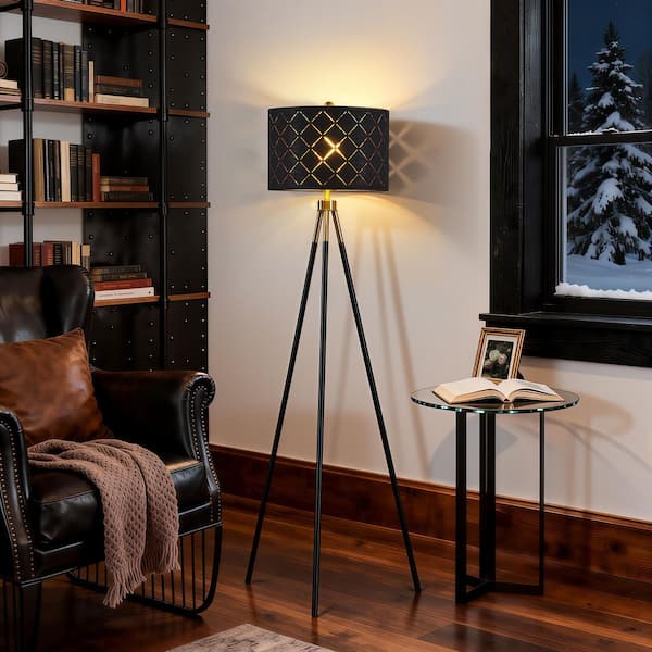 KAWOTI 62 in. Black and Brushed Gold Modern 1-Light Tripod Floor