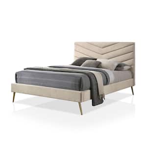 Stateridge Beige Polyester King Platform Bed with Chevron Padded Headboard and Care Kit