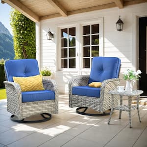 Beverly Gray 3-Piece Wicker Outdoor Patio Conversation Swivel Rocking Chair Seating Set with Navy Blue Cushions