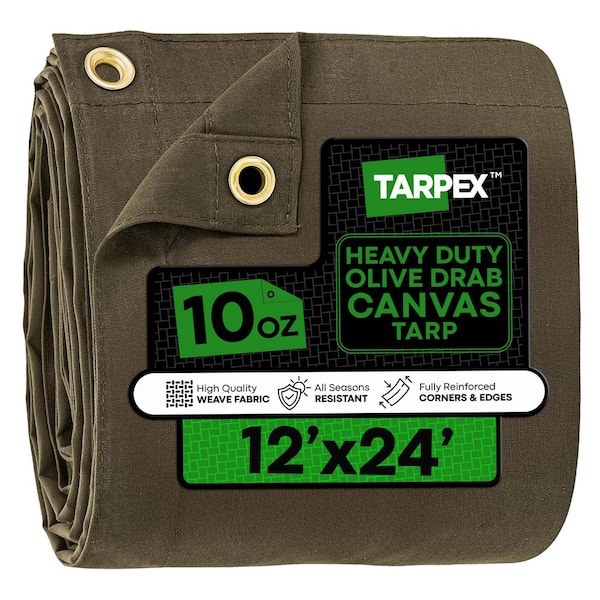 Heavy-Duty 10 oz. Canvas Tarp 12 ft. x 24 ft. Multi-Purpose Olive Drab Protective Cover