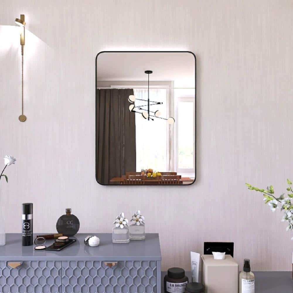 24 in. W x 32 in. H Rectangular Aluminum Black Framed Deco Mirror