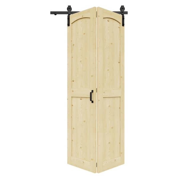 40 in. x 84 in. Arch Panel H Style Solid Core Unfinished Pine Wood Bi-fold Door with Bifold Barn Door Hardware Kit