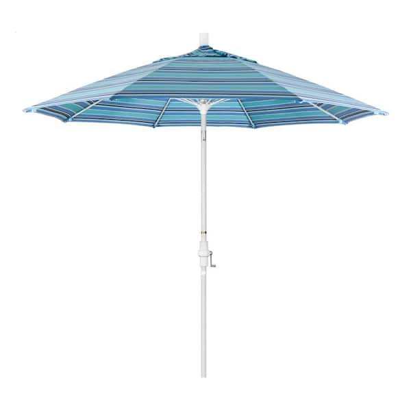 California Umbrella 9 ft. Matted White Aluminum Market Patio Umbrella with Fiberglass Ribs Collar Tilt Crank Lift in Dolce Oasis Sunbrella