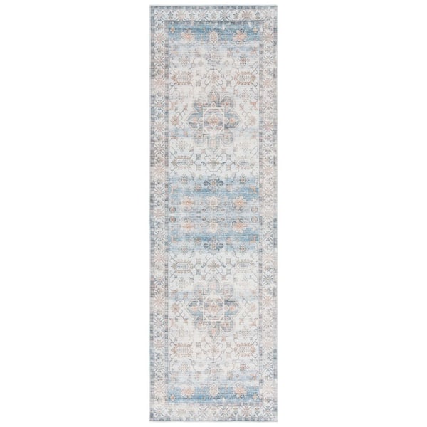 Arizona 3 ft. x 8 ft. Ivory/Light Blue Machine Washable Distressed Border Ornate Runner Rug