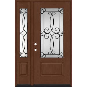 Regency 51 in. x 96 in. 3/4Lite Georgian Decorative Glass RHIS Chestnut Mahogany Fiberglass Prehung Front Door w/12in.SL