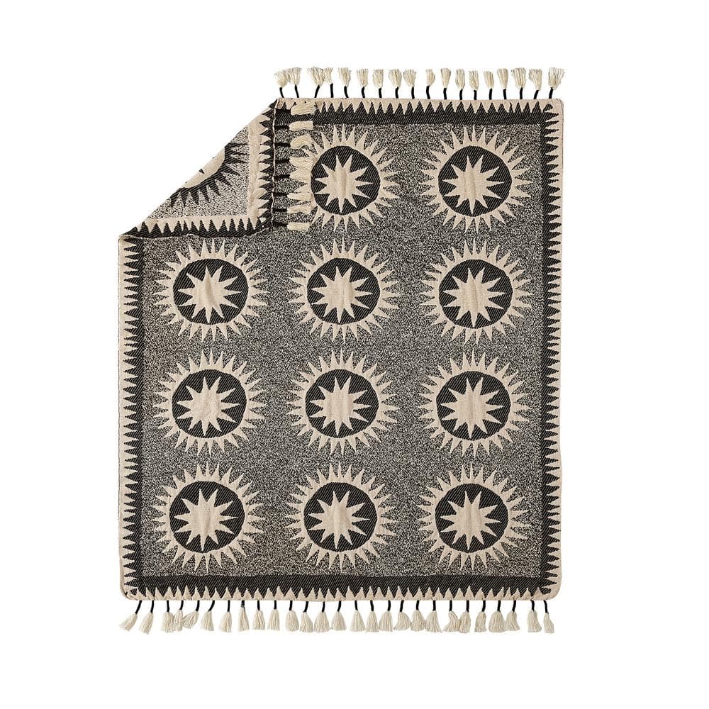 Soleil Cream and Black Polyester Acrylic Throw Blanket with Tassels
