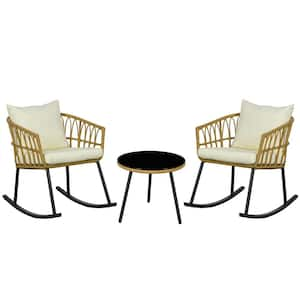 3-Piece Wicker Outdoor Bistro Set with Cream White Cushions, 2 Porch Rocker Chairs and Glass Top Coffee Table