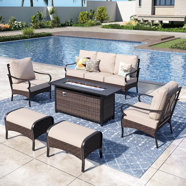 PHI VILLA Metal 7 Seat 6-Piece Outdoor Patio Conversation Set with Beige Cushions, Fixed Chairs, Rectangular Fire Pit Table