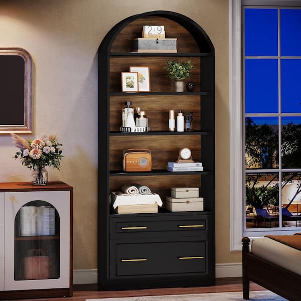 Eulas 77 in.Tall Black Engineered Wood 5-Shelf Standard Bookcase with File Cabinet Drawer,Open Display Storage Bookshelf