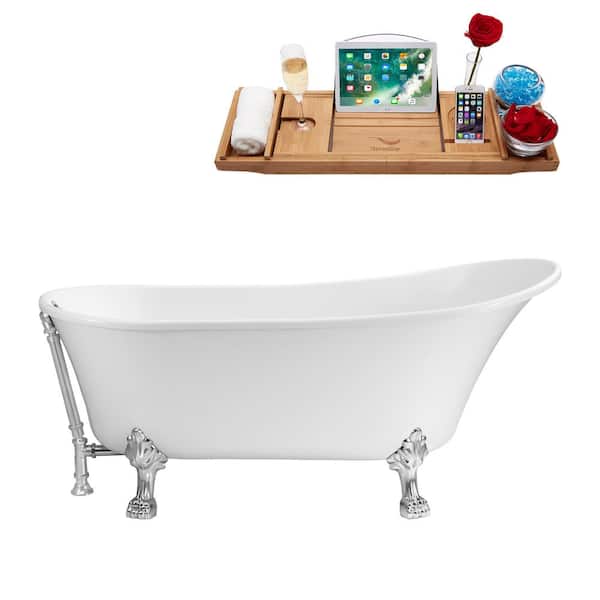 63 in. Acrylic Clawfoot Non-Whirlpool Bathtub in Glossy White With Polished Chrome Clawfeet And Polished Chrome Drain