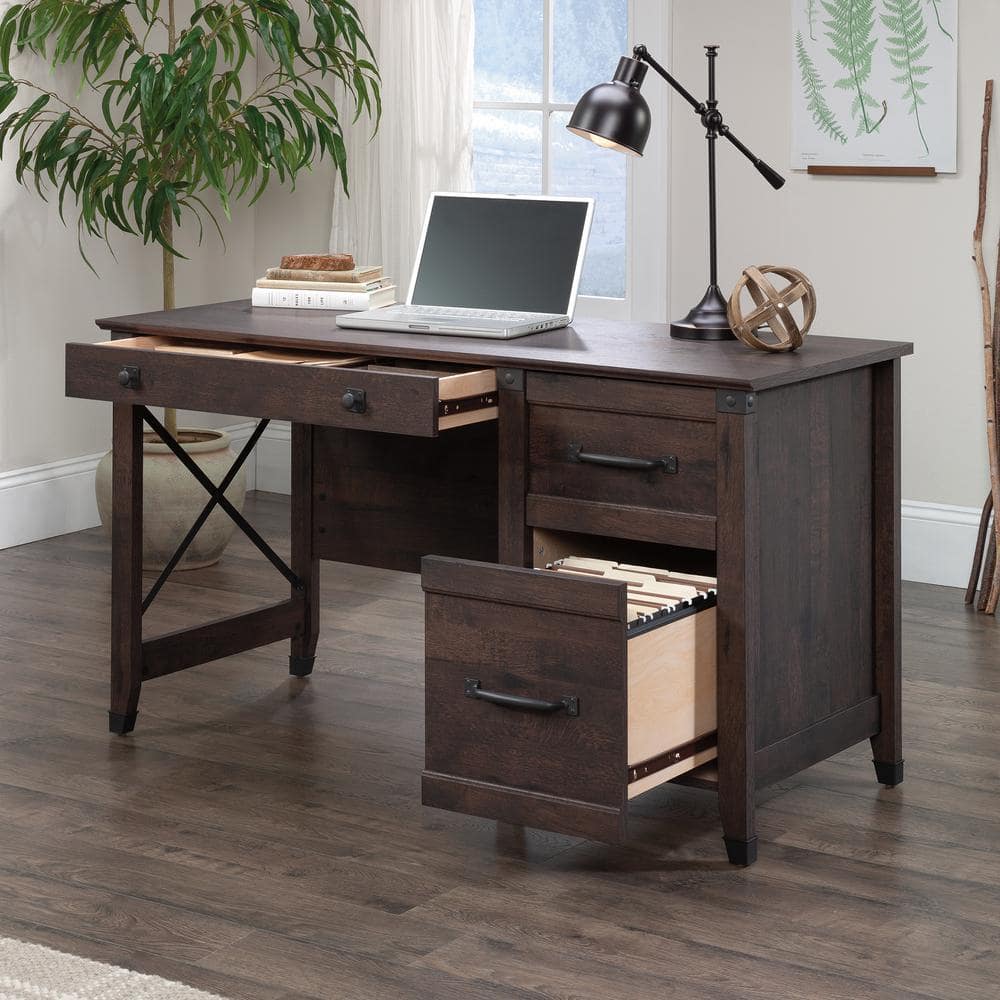Rustic Coffee Oak Desk with Drawers and Filing Cabinet