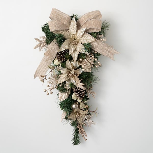 SULLIVANS 32"Artificial Gold Poinsettia Pine Swag