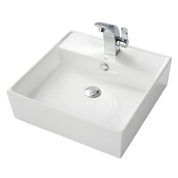 KRAUS Square Ceramic Vessel Sink in White with Illusio Vessel Sink Faucet in Chrome
