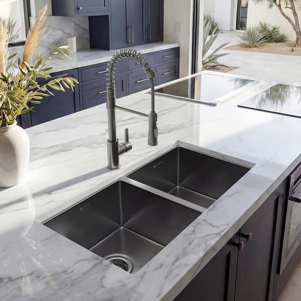 31 in. Undermount Double Bowl 18 Gauge Gunmetal Black Stainless Steel Kitchen Sink