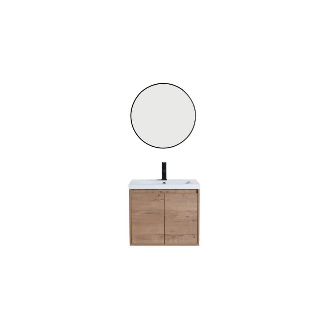 Solid Wood 24 in. Floating Natural Wood Brown Bath Vanity with White Resin 