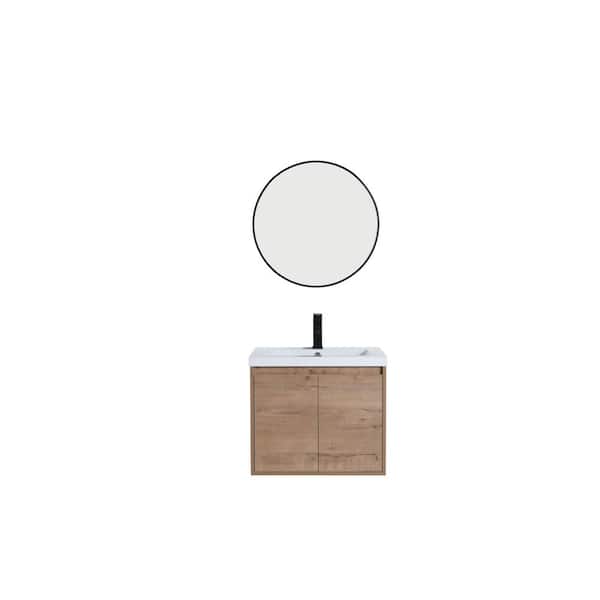 Unbranded Solid Wood 24 in. Floating Natural Wood Brown Bath Vanity with White Resin Basin Top unassembled